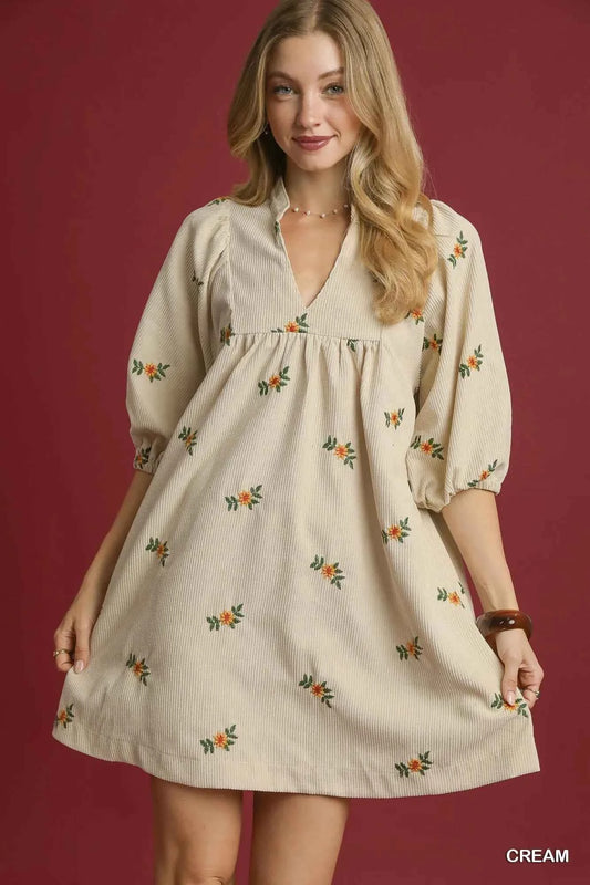 Umgee Corduroy Babydoll Dress with Floral Embroidery