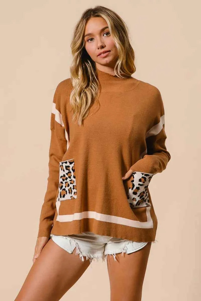 BiBi Mock Neck Sweater with Leopard Pocket