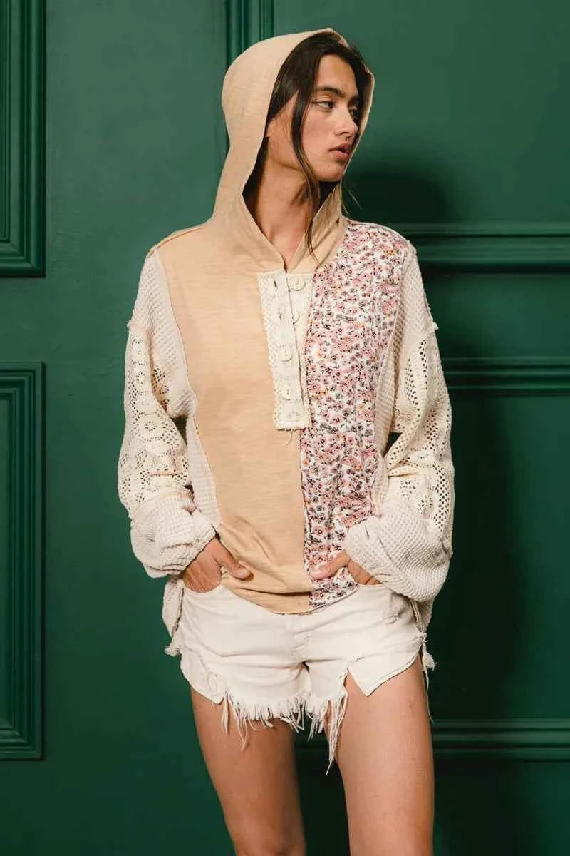 BiBi Slub Jersey with Lace Combo Buttoned Hoodie Top