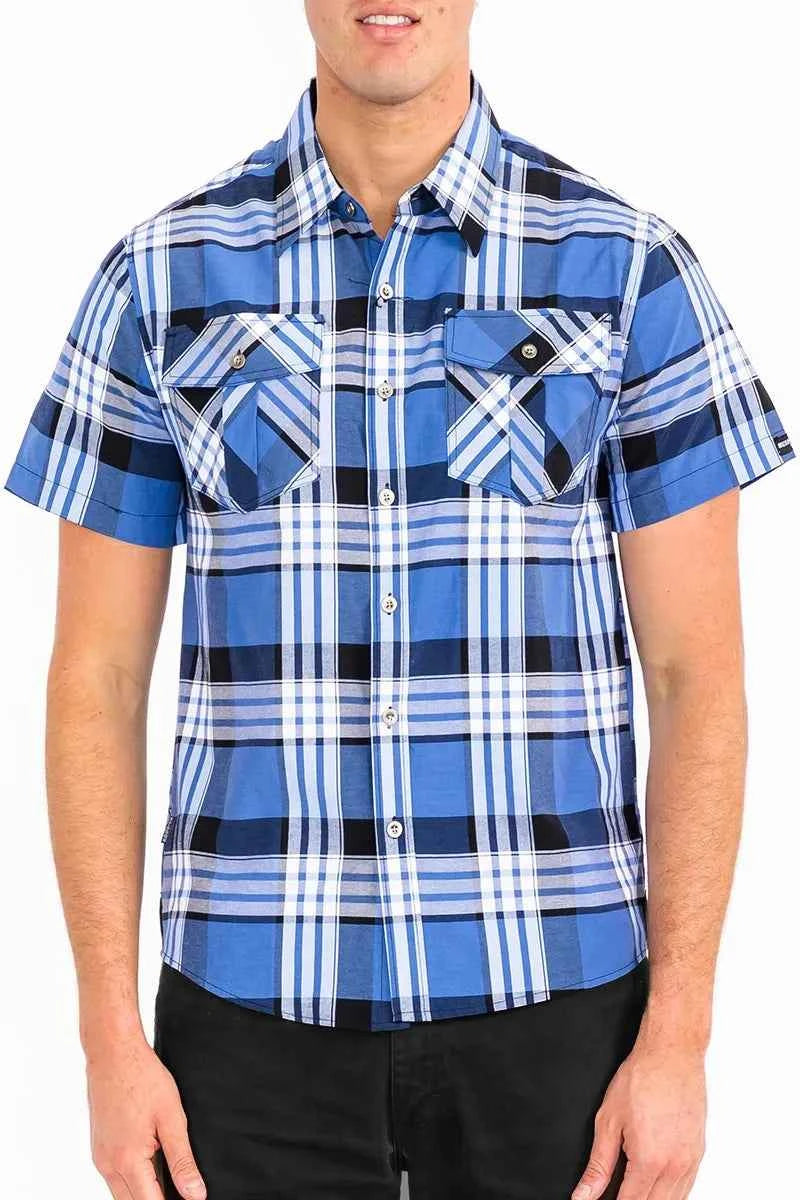 WEIV Men's Full Size Plaid Short Sleeve Button-Up Shirt with Dual Chest Pockets Plus Size