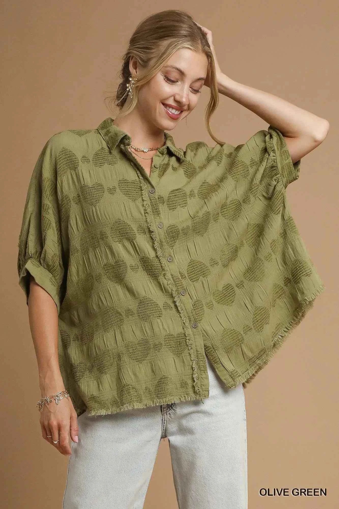 Umgee Jacquard Heart Collared Shirt