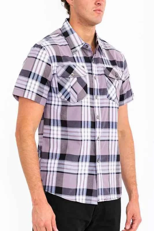 WEIV Men's Full Size Plaid Short Sleeve Button-Up Shirt with Dual Chest Pockets Plus Size