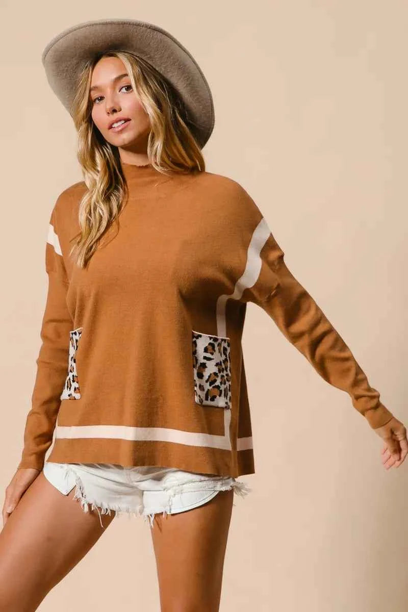 BiBi Mock Neck Sweater with Leopard Pocket